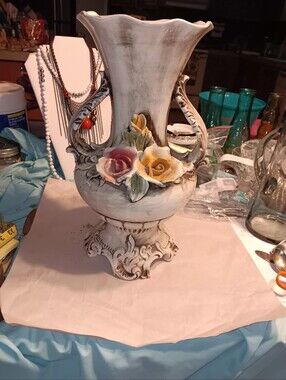 Capodimonte Vintage Porcaline Vase Pink And Yellow Roses Large Footed